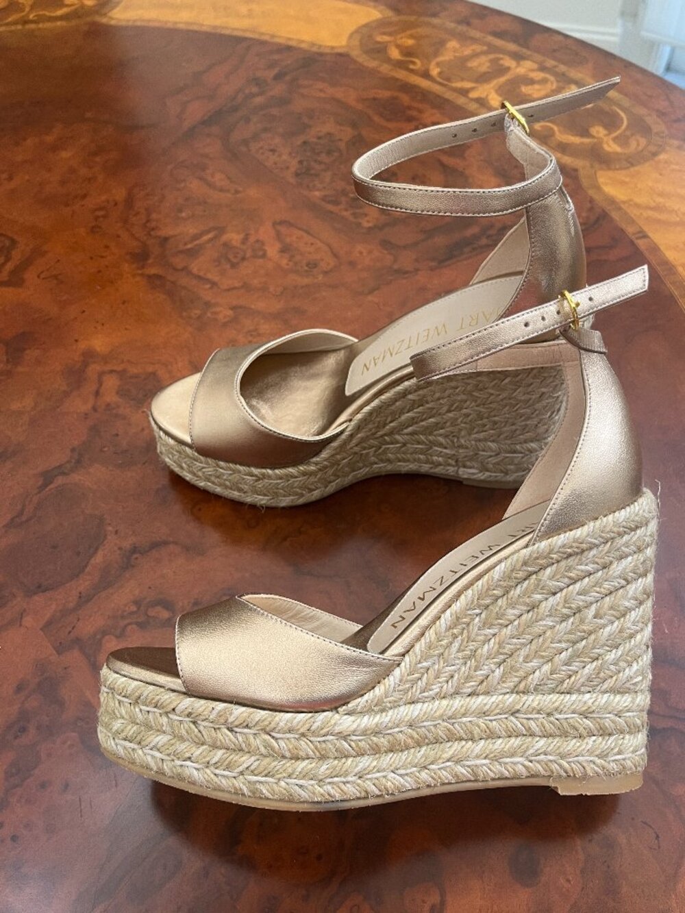 Stuart Weitzman Gold Metallic Nudistcurve Espadrille Wedge Sandals Size 5